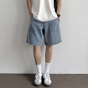 夏季 ONUN 休闲宽松直筒贴袋五分裤 美式 复古水洗做旧蓝色牛仔短裤
