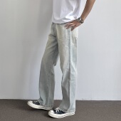 cleanfit休闲显瘦长裤 ONUN复古水洗浅蓝色宽松直筒牛仔裤 2025新款