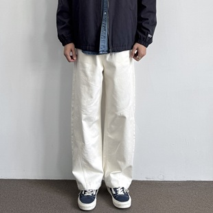 ONUN休闲复古水洗宽松阔腿弯刀裤 日系米白松紧腰直筒百搭潮流长裤
