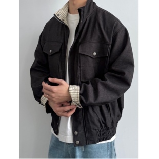 ONUN美式 复古拼接条纹立领夹克百搭宽松休闲立体口袋cleanfit外套