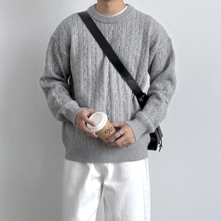 宽松休闲百搭纯色套头针织衫 ONUN 新款 复古绞花圆领毛衣秋季 美式