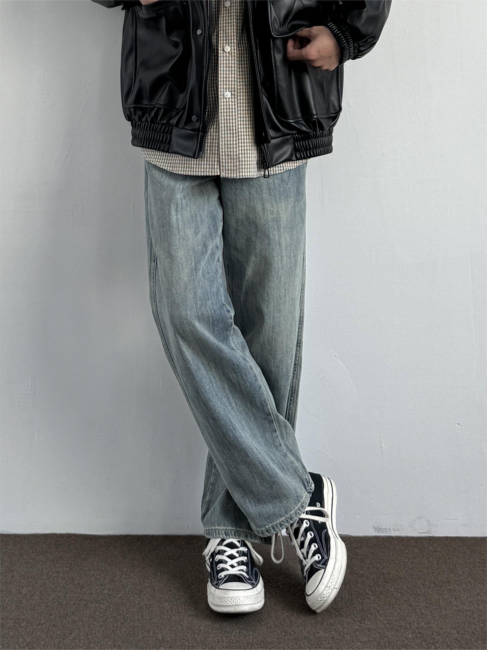 日系复古水洗浅蓝色牛仔裤