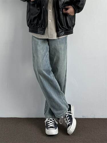 日系复古水洗浅蓝色牛仔裤