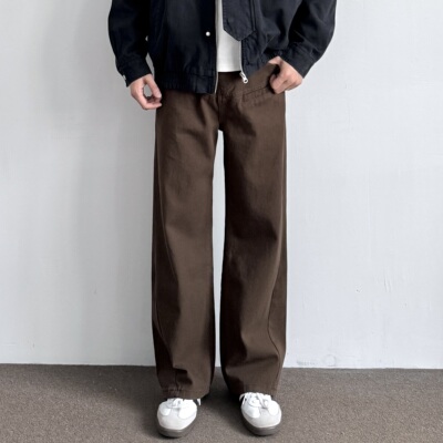复古水洗棉质阔腿立体剪裁直筒裤