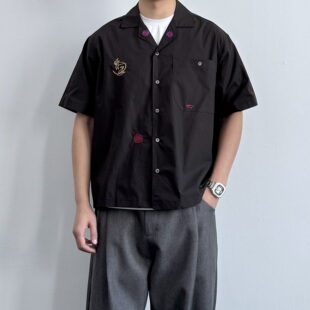 复古休闲古巴领衬衫 美式 短袖 新款 百搭短宽纯棉刺绣衬衣 夏季 ONUN