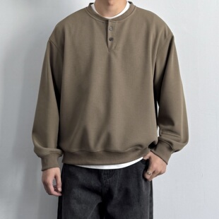 男生宽松休闲百搭套头上衣 新款 ONUN美式 复古华夫格亨利领卫衣秋季