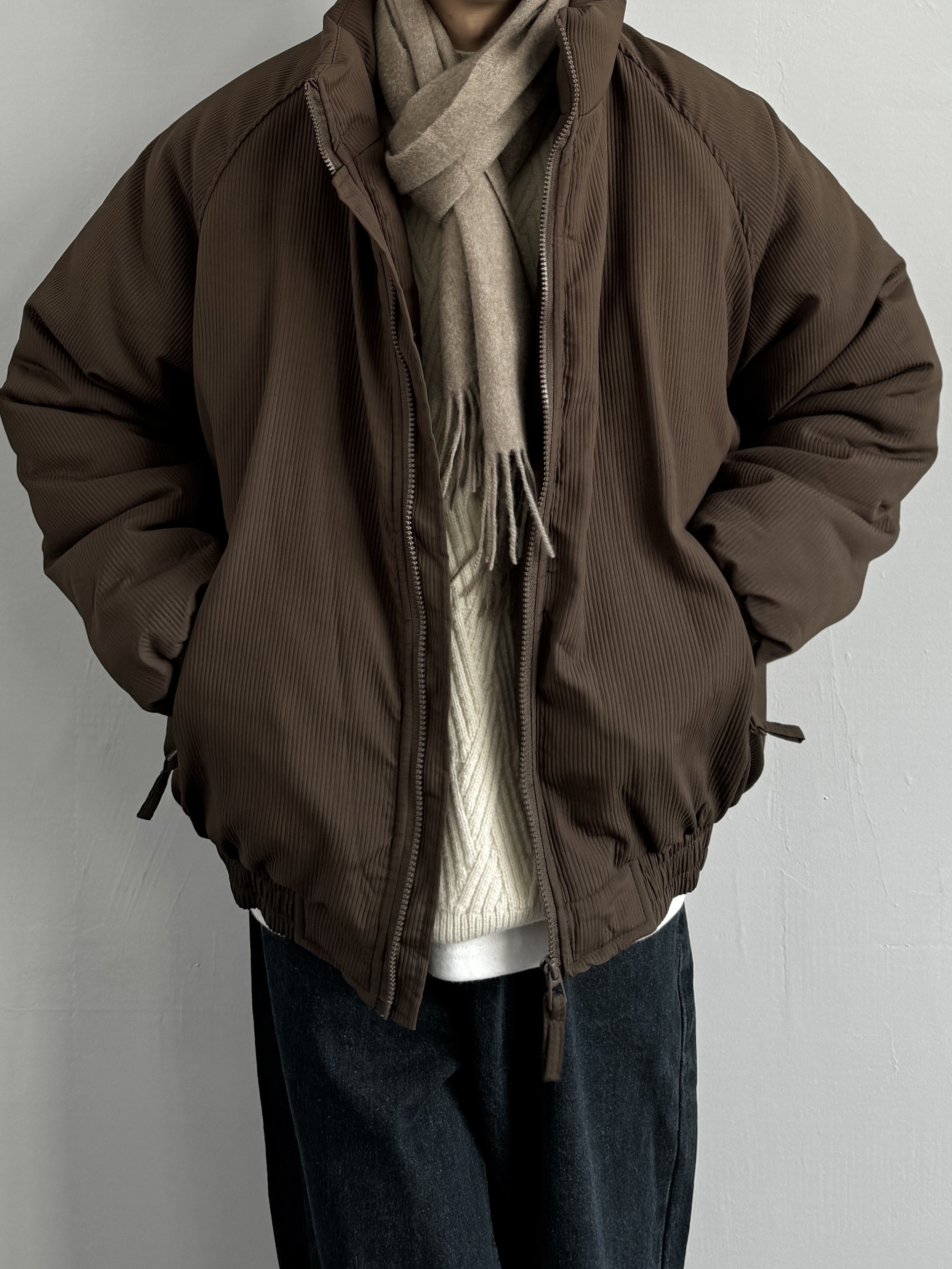 ONUN日系基础条纹肌理立领棉服