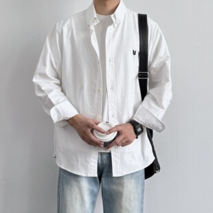 百搭纽扣领宽松休闲衬衣外套潮 长袖 ONUN 复古白色纯棉牛津纺衬衫