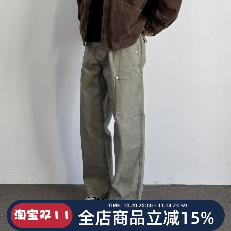 ONUN 美式复古重工水洗宽松直筒工装裤宽松休闲百搭贴布口袋长裤