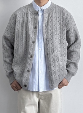 ONUN复古绞花纯色针织开衫秋季男生宽松休闲百搭纽扣圆领毛衣外套