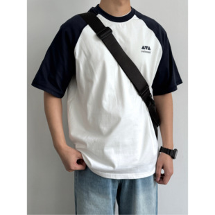 宽松休闲美式 ONUN 新品 百搭男生夏季 复古圆领T恤 纯棉拼色插肩短袖