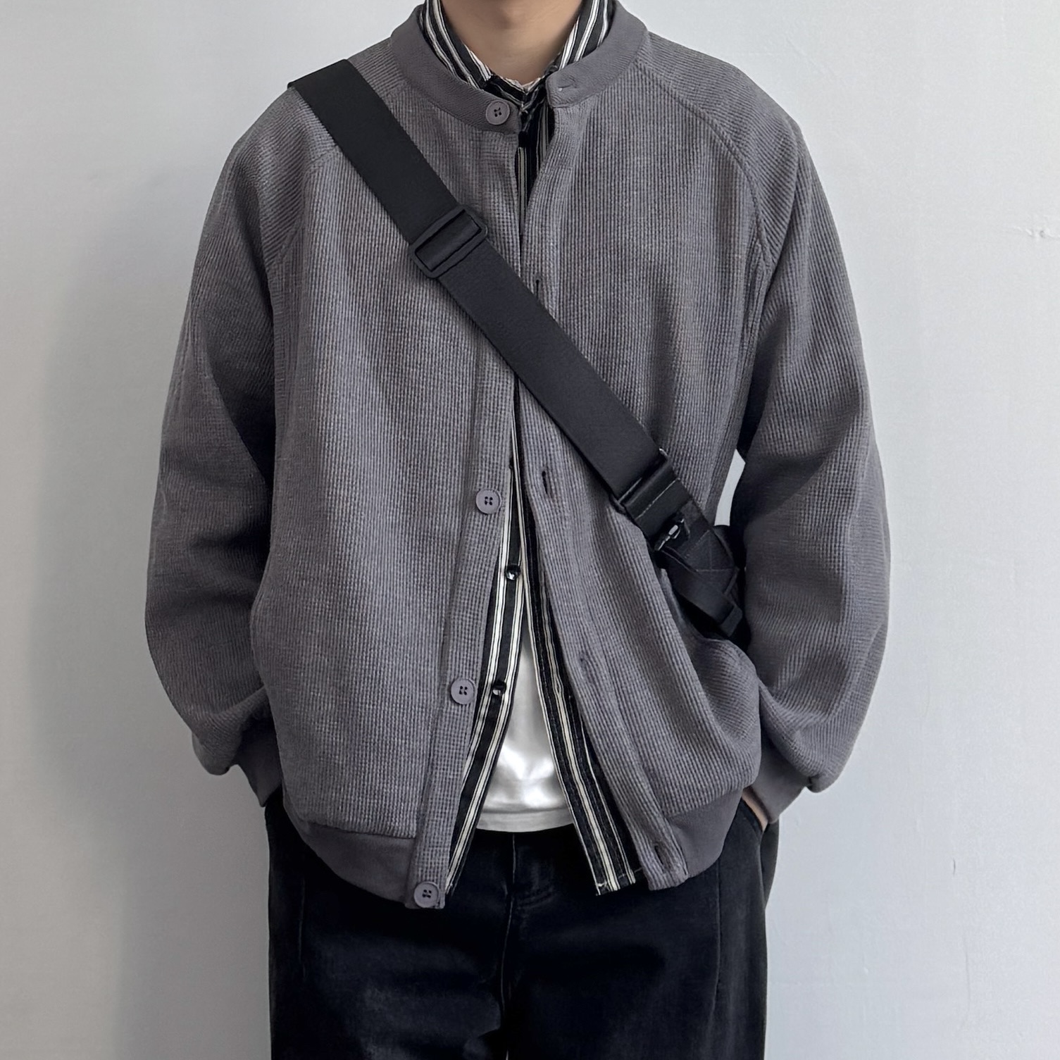 日系复古华夫格开衫卫衣外套