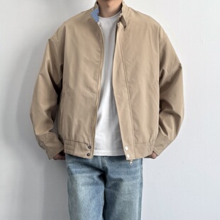 休闲百搭外套潮 新款 ONUN美式 复古宽松格子拼接立领哈灵顿夹克秋季