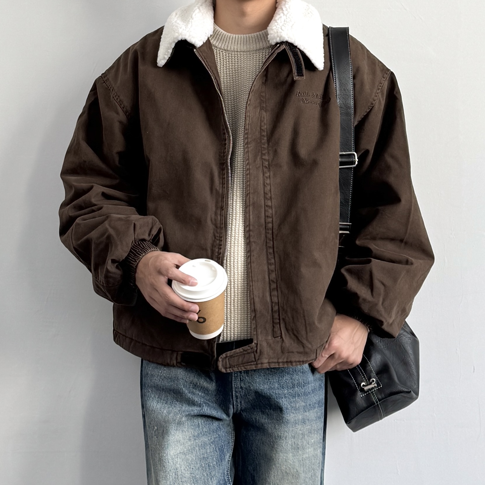 美式复古可拆卸羊羔毛翻领棉服