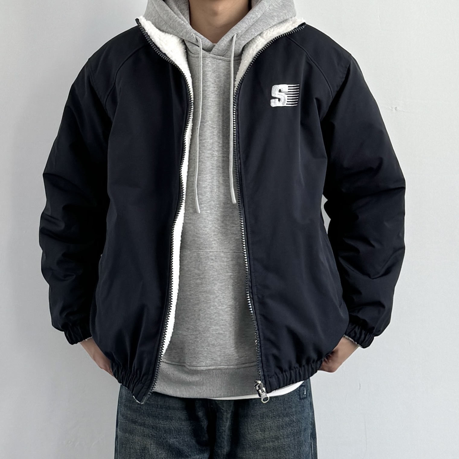 日系复古双面穿立领棉服夹克