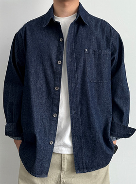 ONUN 复古水洗丹宁深蓝色牛仔长袖衬衫百搭男生宽松休闲翻领衬衣