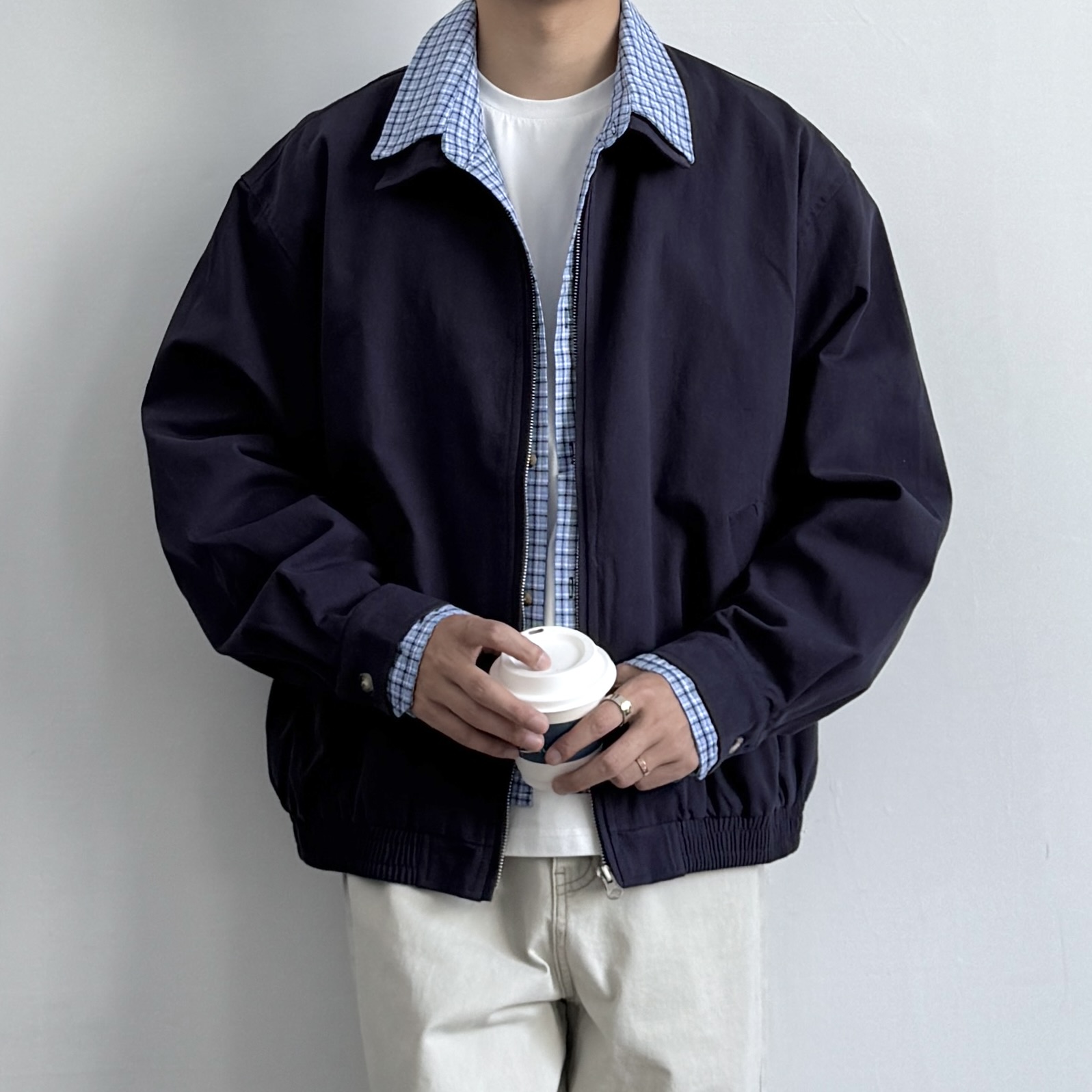 ONUN复古假两件格纹拼接翻领夹克