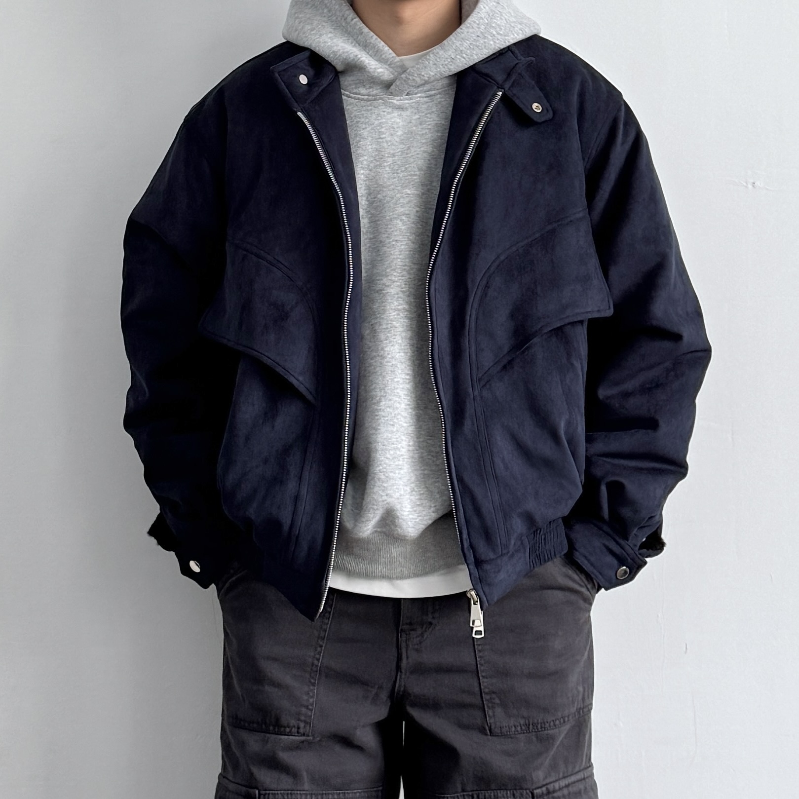 新款美式复古麂皮绒立领夹克棉服