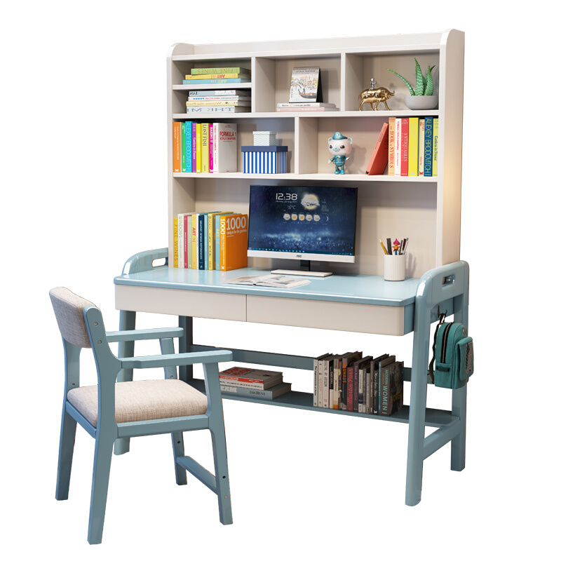 可升降实木书架一体桌简约现代台式笔记本电脑桌初中生儿童学习桌