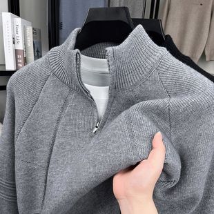 色百上 织衫 级感设士秋高毛针纯搭休闲衣高计男冬季 半拉链衣插肩袖