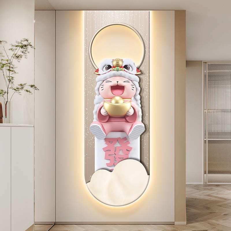 奶油风招财猫玄关装饰画醒狮客厅入户细长条挂画走廊过道带灯壁画