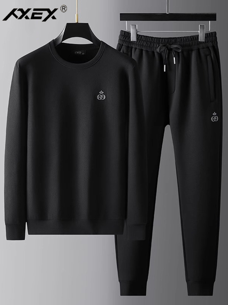 高端男士休闲套装春秋季宽松大码中年爸爸运动服时尚休闲圆领卫衣