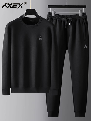 高端男士休闲套装春秋季宽松大码中年爸爸运动服时尚休闲圆领卫衣