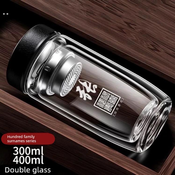 双层鹅蛋玻璃杯定制百家姓加厚泡茶水男女士玻璃杯便携开业商务杯