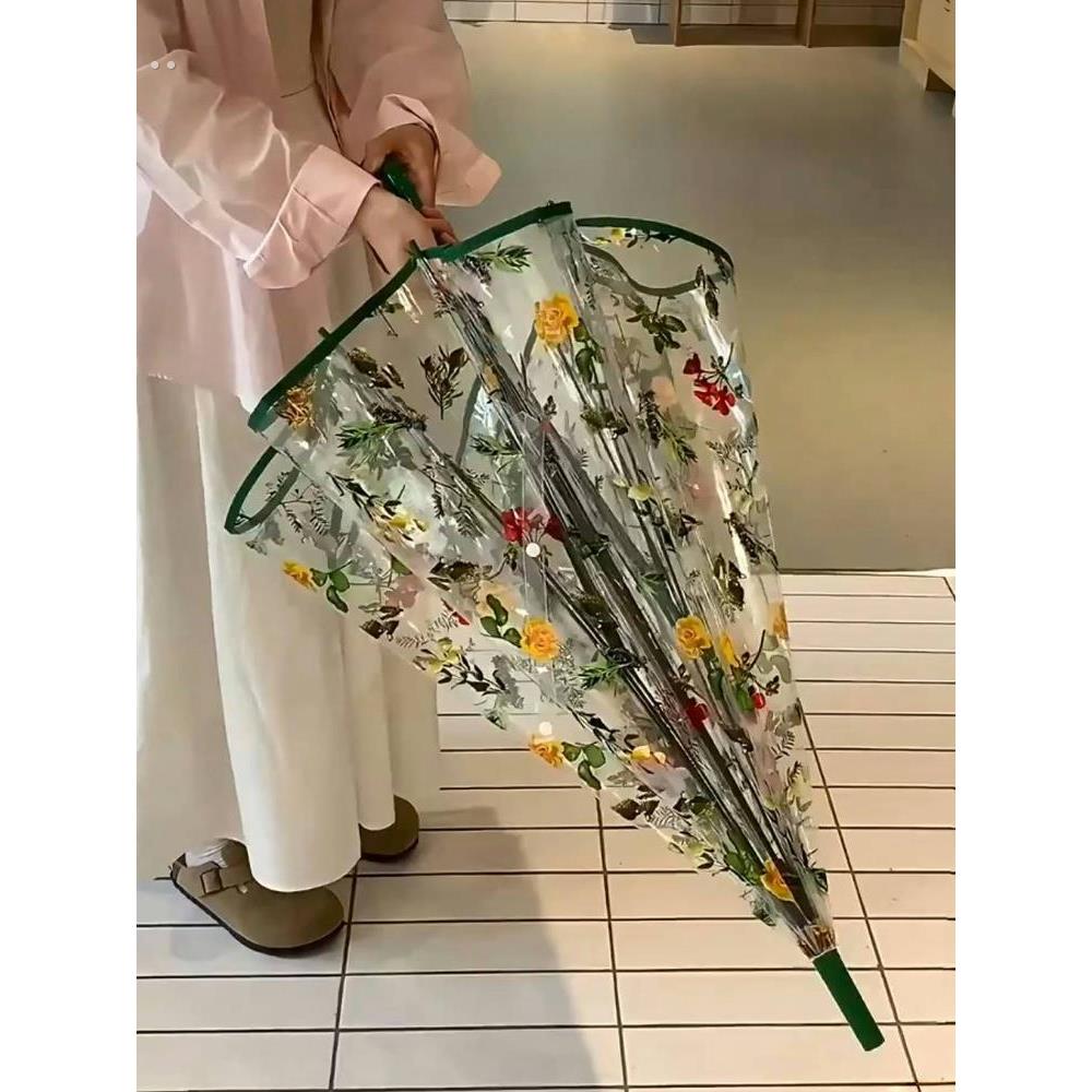 雨伞透明高颜值花朵纤细弯柄伞长柄伞半自动直杆伞弯柄大伞面雨伞