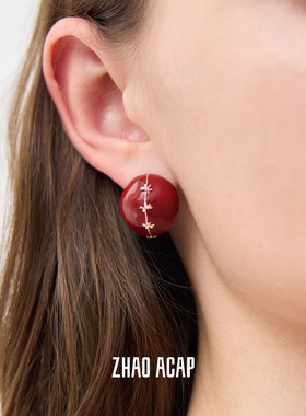 ZHAO ACAP原创设计百里香红色耳环黑色珐琅圆球耳钉