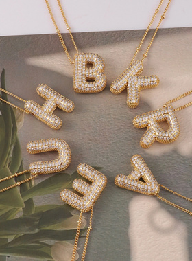 首饰爆款黄铜镶锆石泡泡气球字母