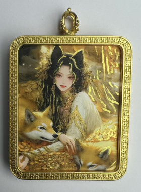 手绘唐卡狐狸呜盒黄财神吊坠绿度