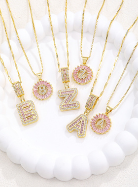 热销粉色冰糖满钻26英文字母项链