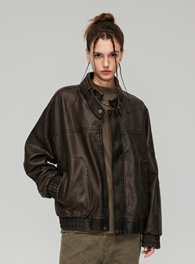 GTRG覆古怀旧PU皮立领搭扣休闲外套立体双口袋设计感宽松情侣皮衣