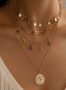 跨境新款几何圆片流苏颈链 合金流苏项链配饰女夏季吊坠叠戴项链