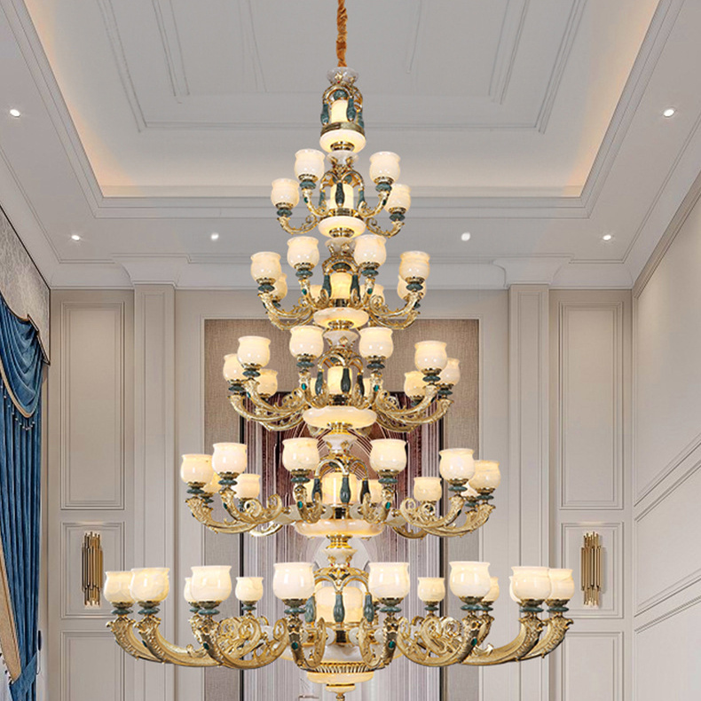 复式楼全铜客厅吊灯高级感大厅大吊灯新款豪华玉石餐吊灯中山灯具