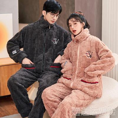 情侣睡衣珊瑚绒秋冬款加厚加绒男士女拉链立领法兰绒家居服套装冬