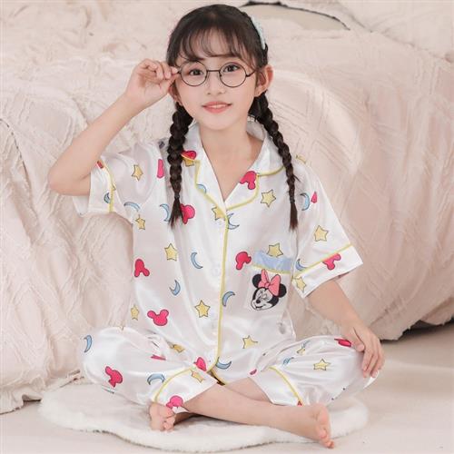 儿童夏季冰丝睡衣女童短袖薄款中大童宝宝套装真丝绸空调家居服夏