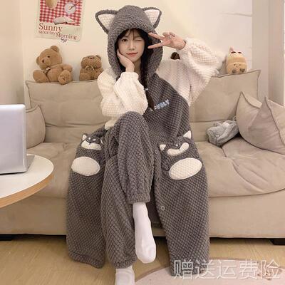 珊瑚绒睡袍女秋冬季长款冬款大码加绒加厚法兰绒浴袍睡衣套装连帽
