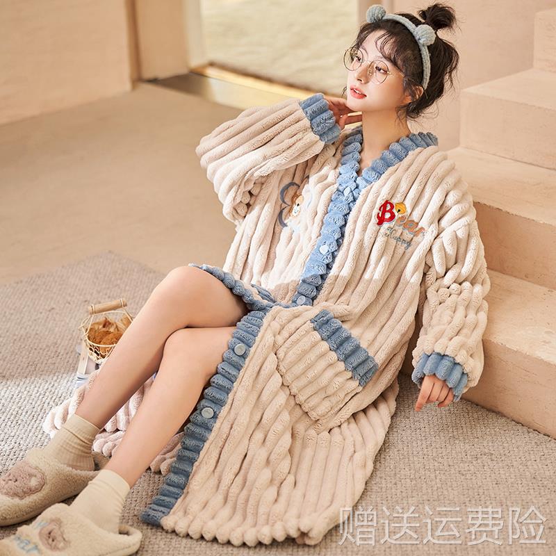 睡袍女士冬季珊瑚绒浴袍加厚保暖法兰绒新款中长款睡衣可爱家居服