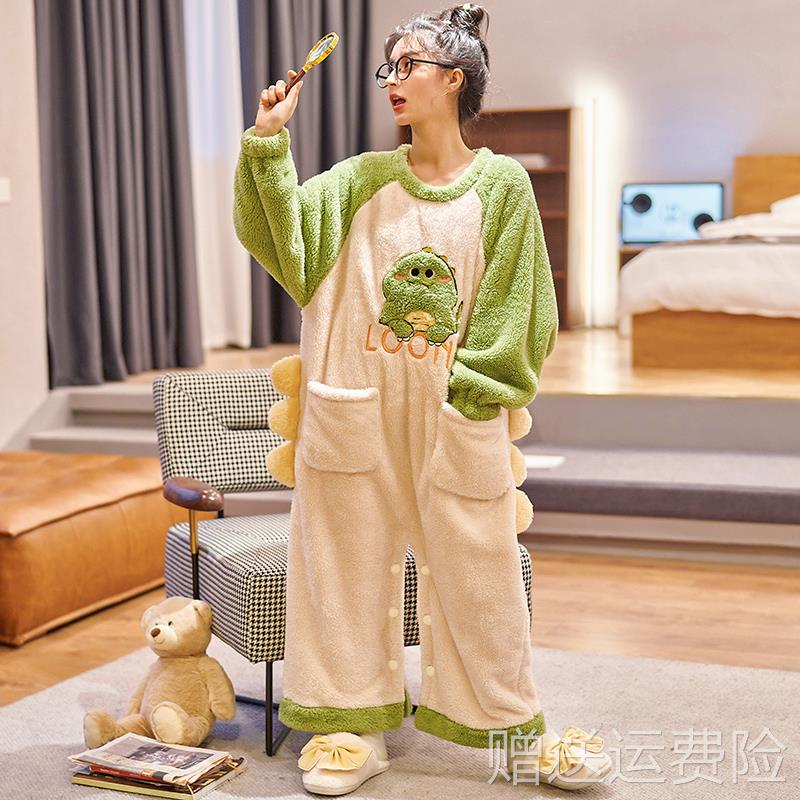 秋冬新款珊瑚绒睡衣女可爱卡通加厚连体家居服冬季学生法兰绒套装