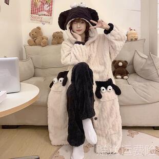 睡袍女秋冬季珊瑚绒长款加绒加厚法兰绒2023年新款两件套睡衣冬款