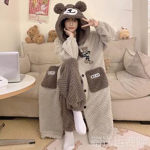 睡袍女款冬季珊瑚绒中长款加厚连帽法兰绒睡衣可爱卡通家居服套装