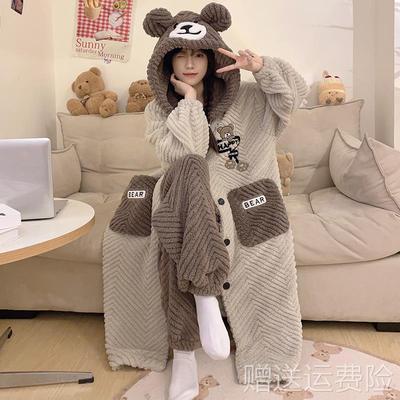 睡袍女款冬季珊瑚绒中长款加厚连帽法兰绒睡衣可爱卡通家居服套装