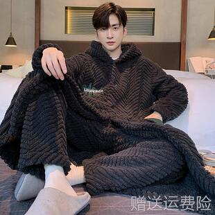 睡袍男士秋冬季珊瑚绒加厚连帽中长款青少年法兰绒睡衣可外穿大码