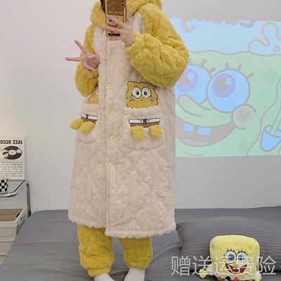 睡袍女冬季睡衣三层夹棉加厚加绒中长款家居服套装珊瑚绒连帽卡通