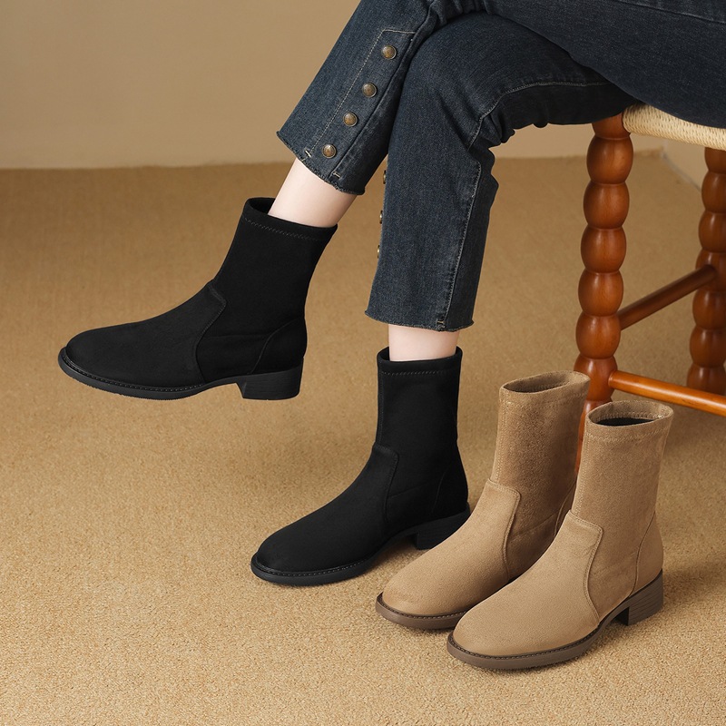 女士ZHR绒面短靴2025冬季新款粗跟中筒靴平底瘦瘦靴黑色棉鞋