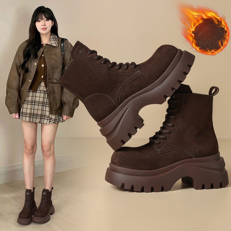 ZHR复古厚底马丁靴女2025秋冬小个子增高加绒短靴系带机车大黄靴