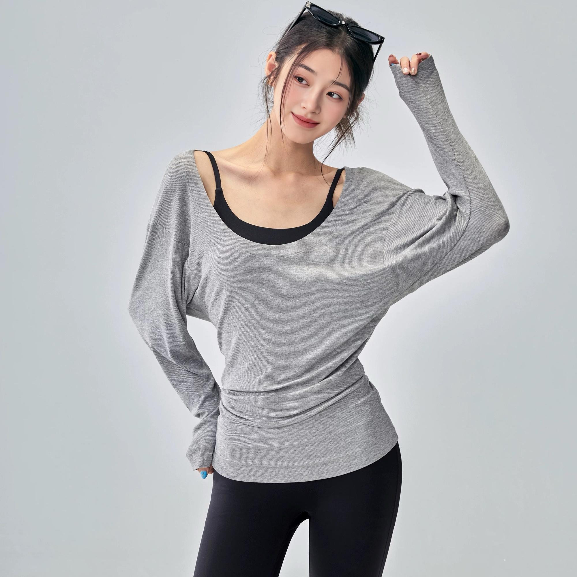 瑜伽服罩衫女U领弹力显瘦蝙蝠袖普拉提健身长袖宽松遮臀运动上衣