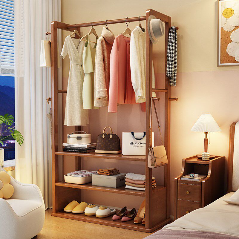速发实架衣帽架木地卧室床边放衣服挂落多层收纳置物架多功能挂衣